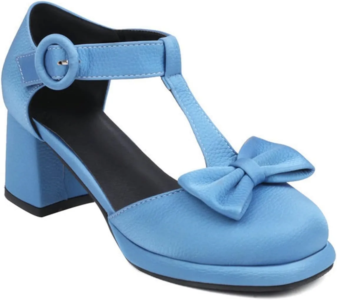 Women Platform Mary Jane Shoes Chunky Heel Pumps Matte Leather Sweet Bow T-Strap Closed Toe Sandals