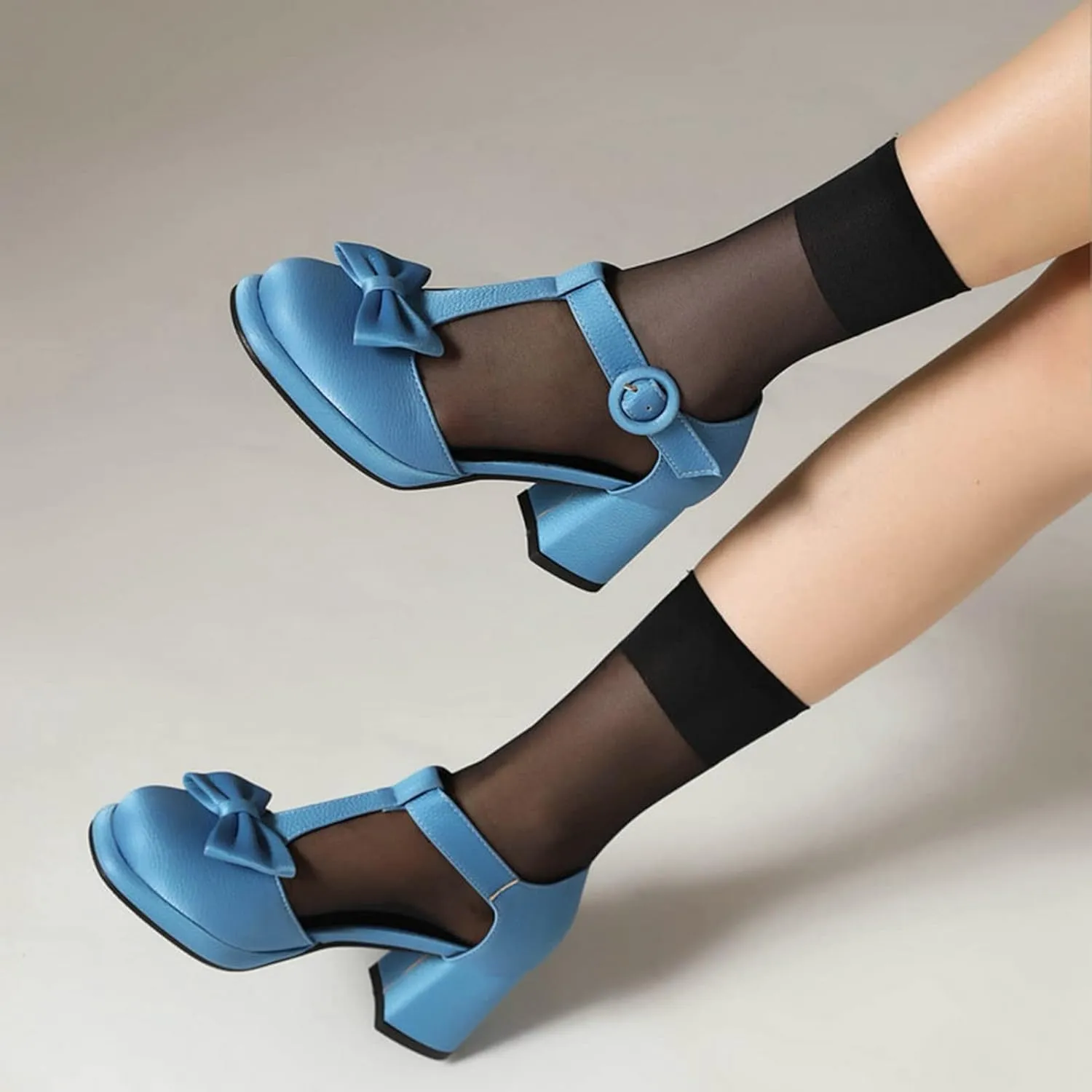 Women Platform Mary Jane Shoes Chunky Heel Pumps Matte Leather Sweet Bow T-Strap Closed Toe Sandals
