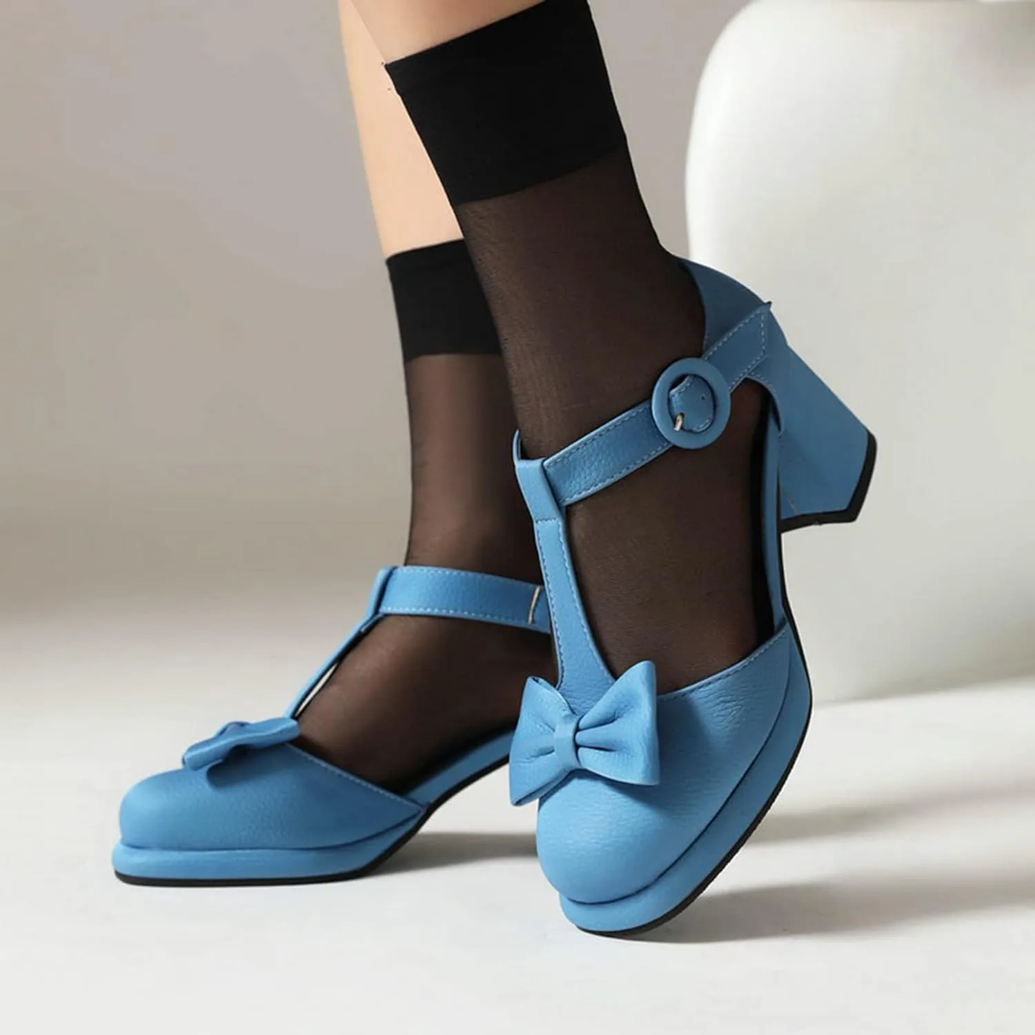 Women Platform Mary Jane Shoes Chunky Heel Pumps Matte Leather Sweet Bow T-Strap Closed Toe Sandals