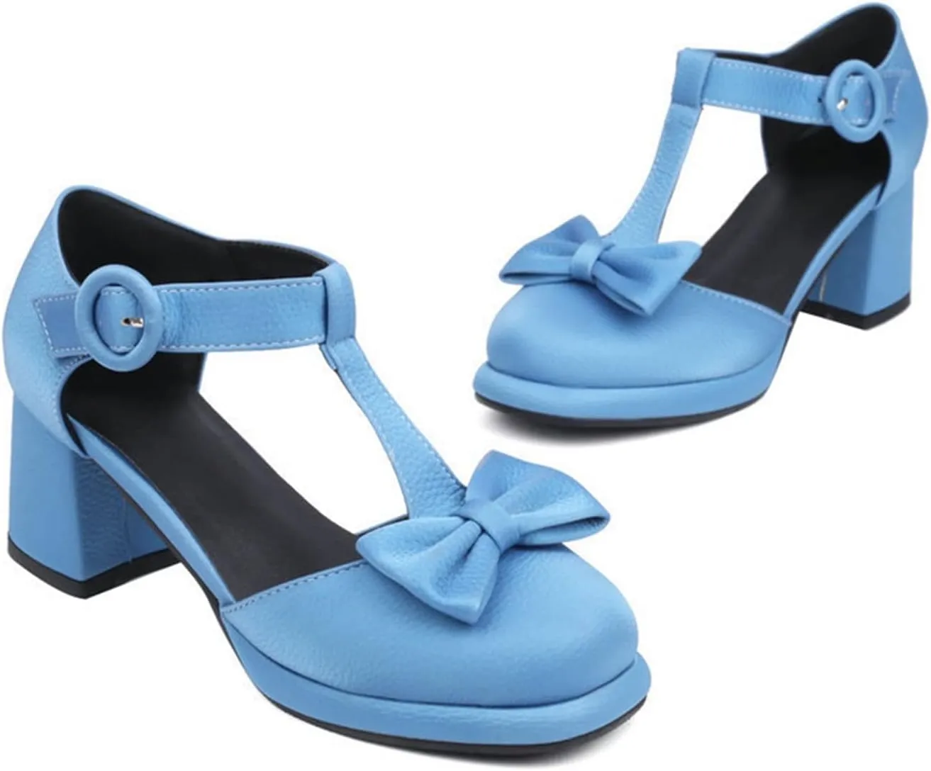 Women Platform Mary Jane Shoes Chunky Heel Pumps Matte Leather Sweet Bow T-Strap Closed Toe Sandals