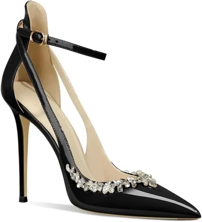 Women Pointed High Slim Heels Diamond Toe Cap Straight Strap Sandals Sexy Thin Heels Buckle Strap Party Shoes