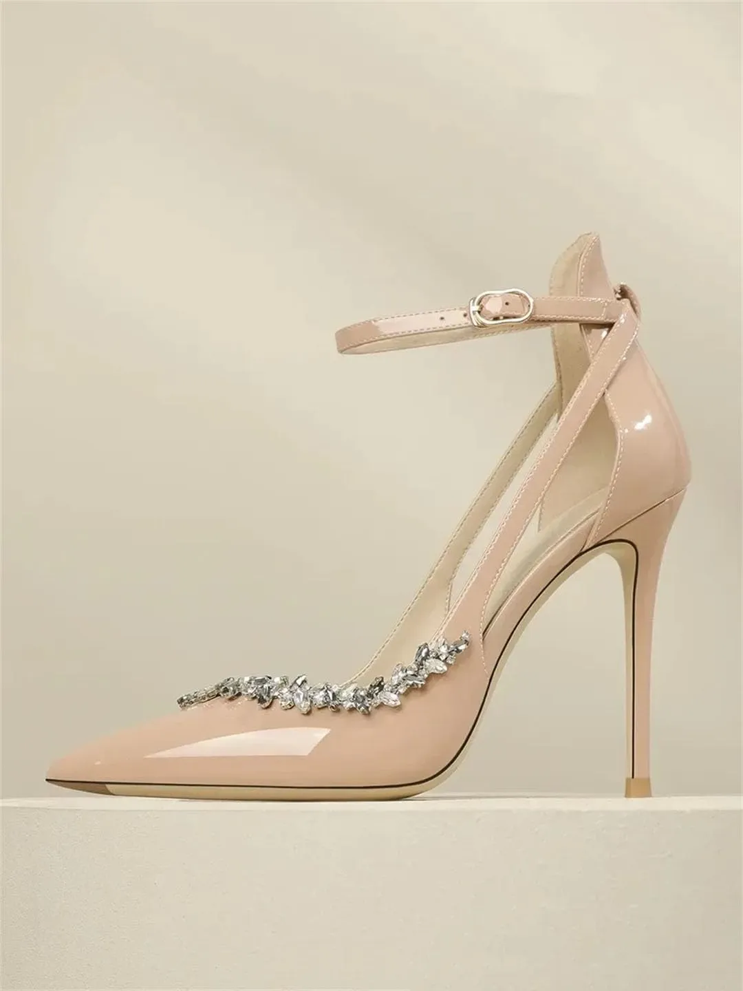 Women Pointed High Slim Heels Diamond Toe Cap Straight Strap Sandals Sexy Thin Heels Buckle Strap Party Shoes