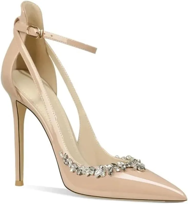 Women Pointed High Slim Heels Diamond Toe Cap Straight Strap Sandals Sexy Thin Heels Buckle Strap Party Shoes
