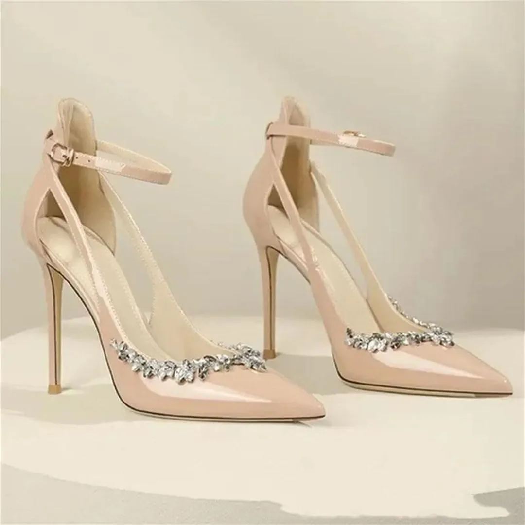 Women Pointed High Slim Heels Diamond Toe Cap Straight Strap Sandals Sexy Thin Heels Buckle Strap Party Shoes