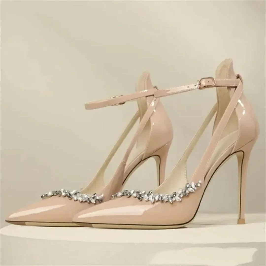 Women Pointed High Slim Heels Diamond Toe Cap Straight Strap Sandals Sexy Thin Heels Buckle Strap Party Shoes