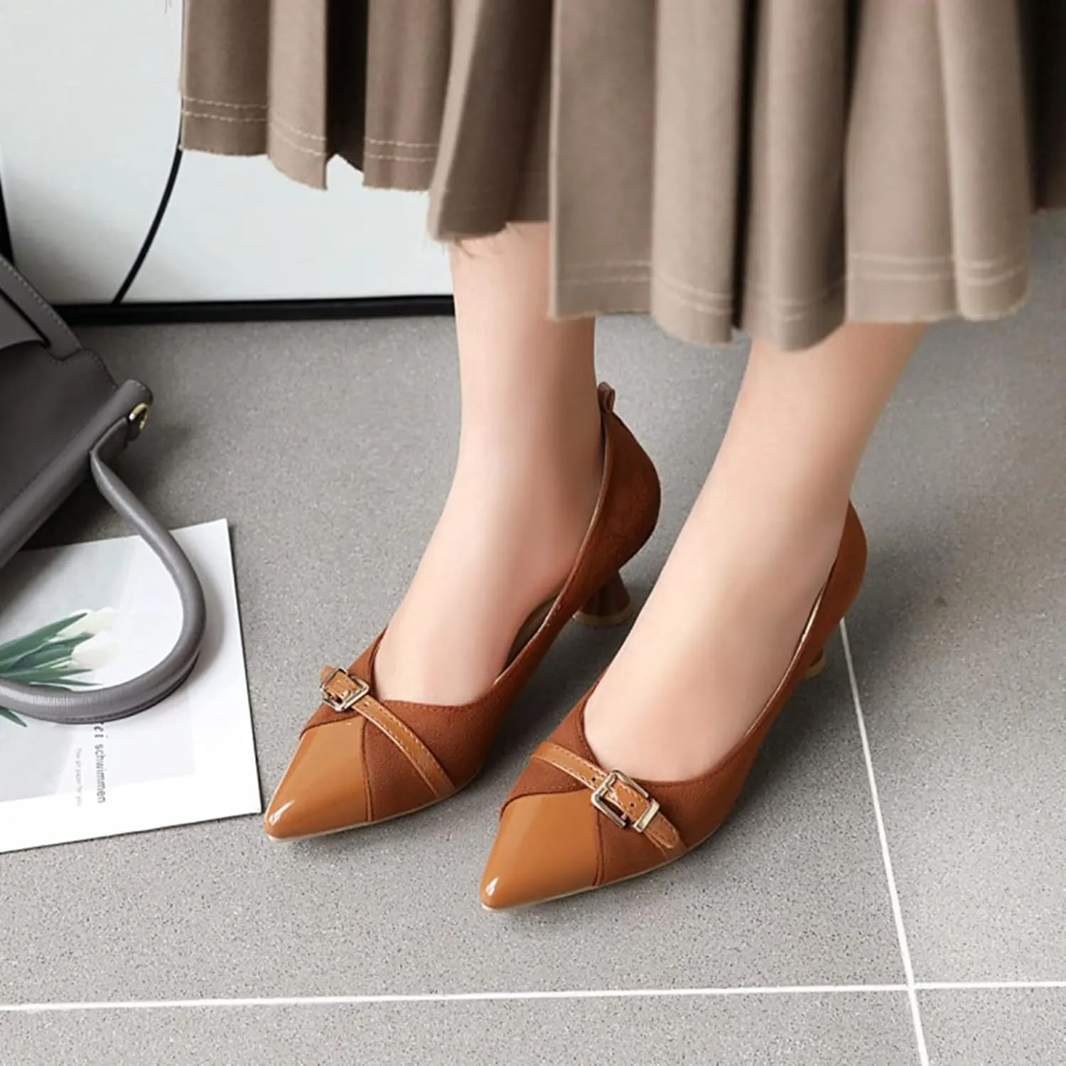 Women Pointed Toe Pumps Kitten Heel Slip On Patchwork Buckle Comfortable Fashion Party Dress Shoes