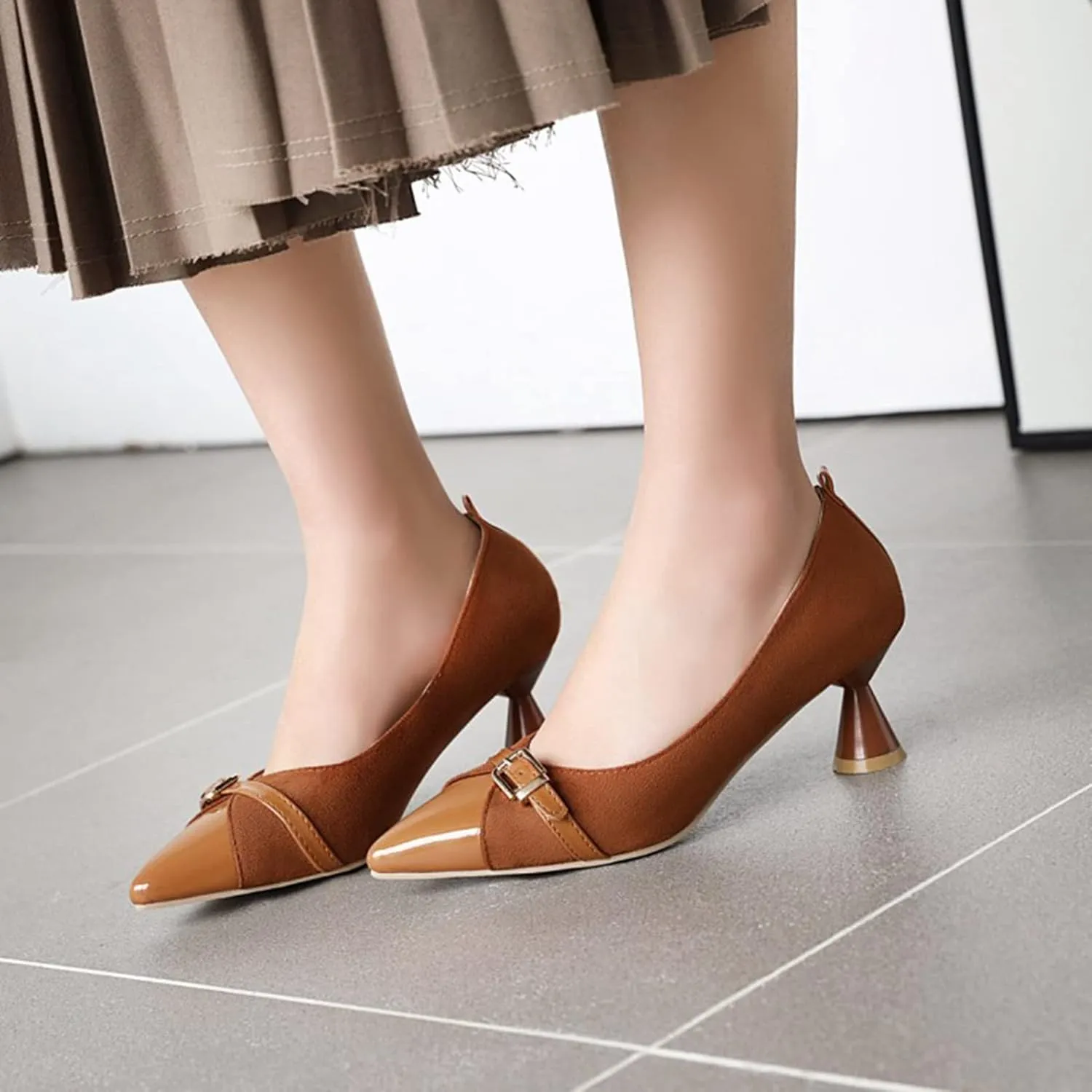 Women Pointed Toe Pumps Kitten Heel Slip On Patchwork Buckle Comfortable Fashion Party Dress Shoes