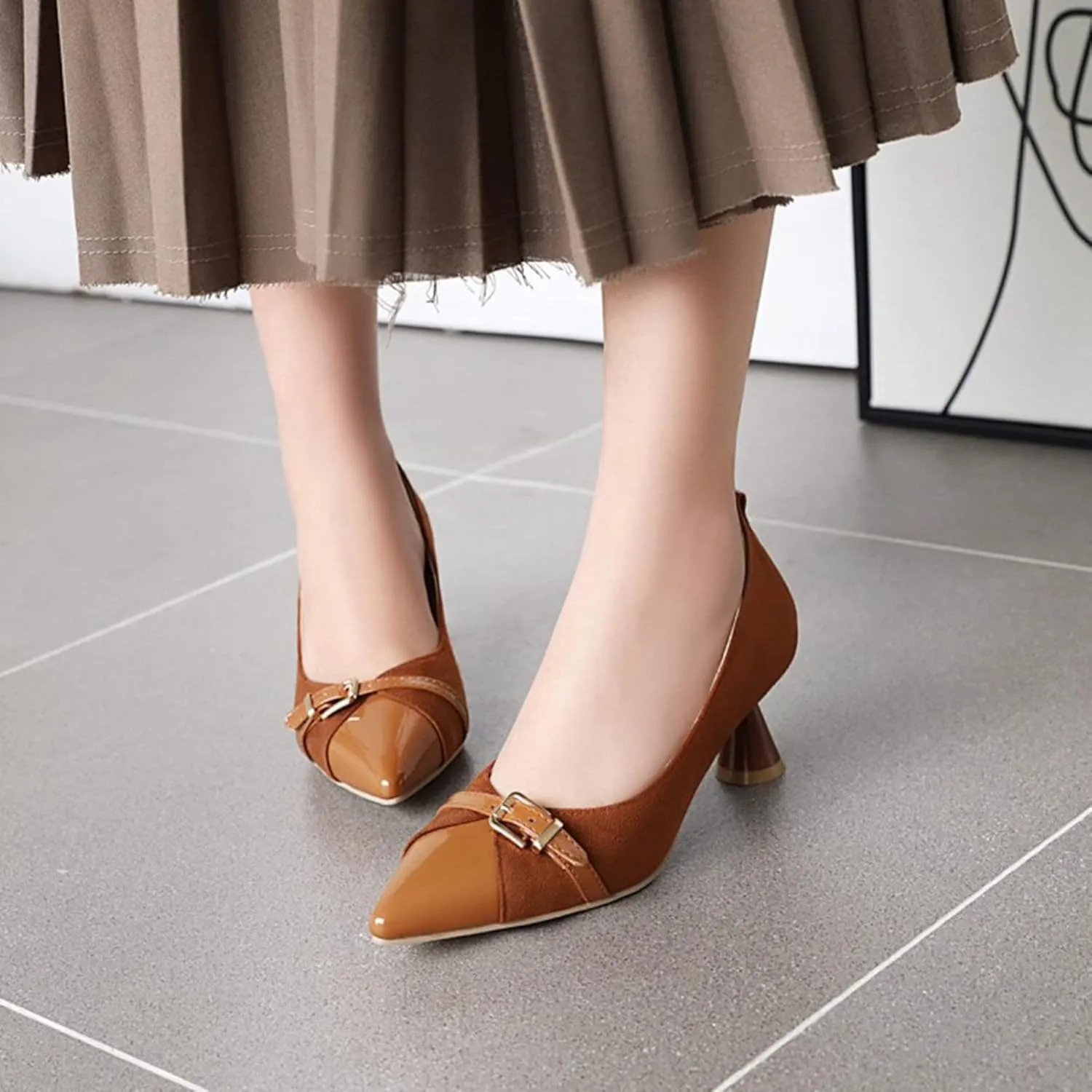 Women Pointed Toe Pumps Kitten Heel Slip On Patchwork Buckle Comfortable Fashion Party Dress Shoes