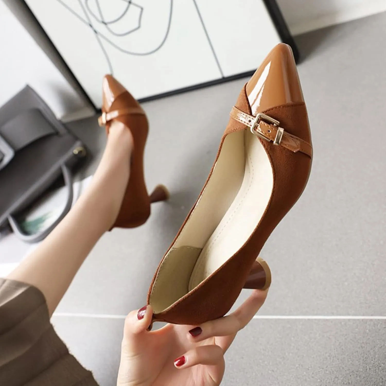 Women Pointed Toe Pumps Kitten Heel Slip On Patchwork Buckle Comfortable Fashion Party Dress Shoes