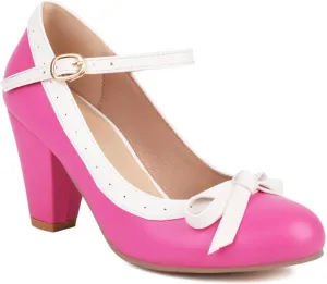Women Round Toe Mary Jane Pumps High Chunky Heel Two Tone Comfort Fashion Bow Dressy Lolita Shoes