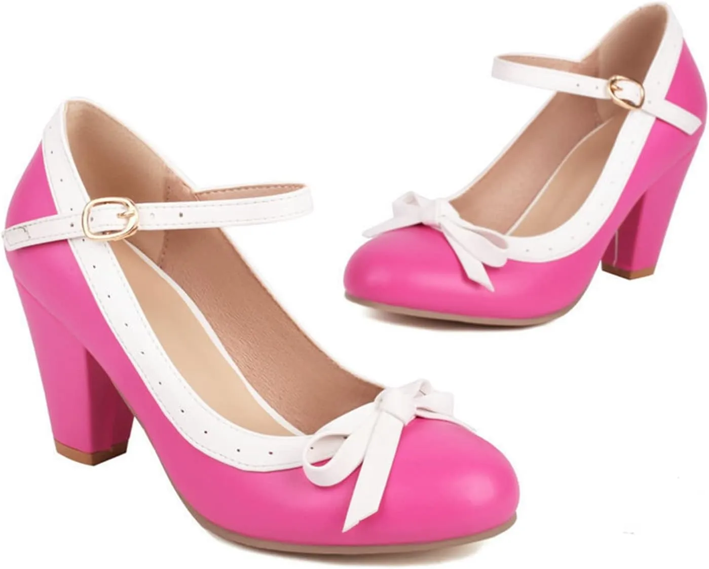 Women Round Toe Mary Jane Pumps High Chunky Heel Two Tone Comfort Fashion Bow Dressy Lolita Shoes