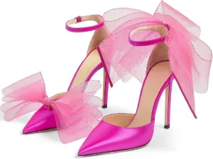 Women Stiletto High Heels Pumps with Asymmetric Grosgrain Mesh Bows Lace Ankle Strap Buckle Closed Pointed Toe Sexy Wedding Shoes Party Dressy Sandals 3.14 in