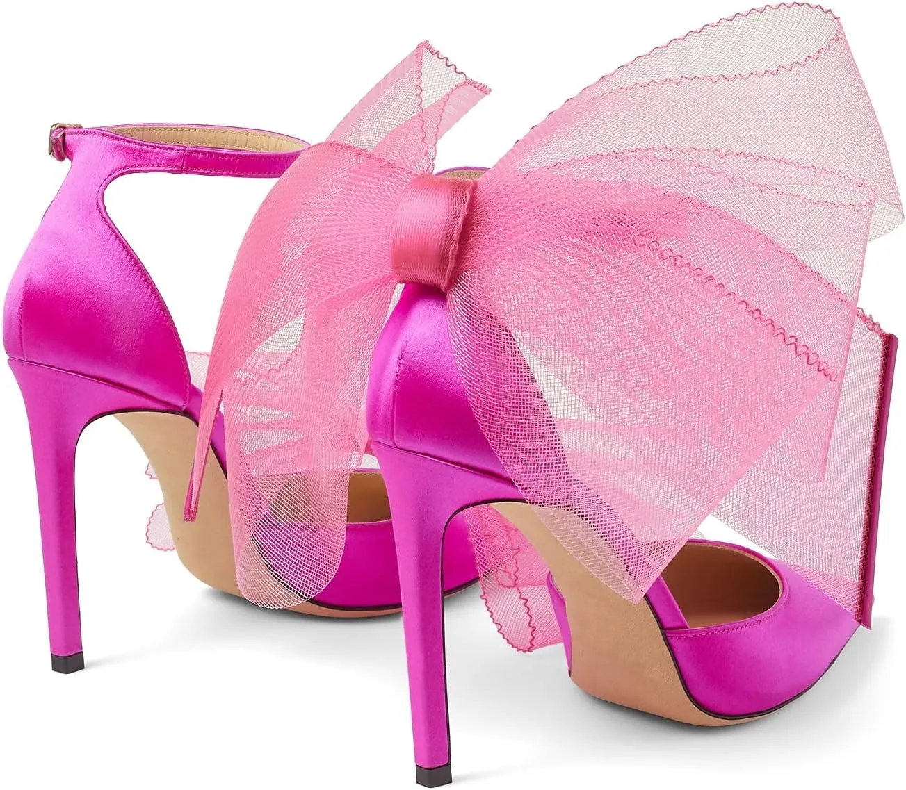 Women Stiletto High Heels Pumps with Asymmetric Grosgrain Mesh Bows Lace Ankle Strap Buckle Closed Pointed Toe Sexy Wedding Shoes Party Dressy Sandals 3.14 in
