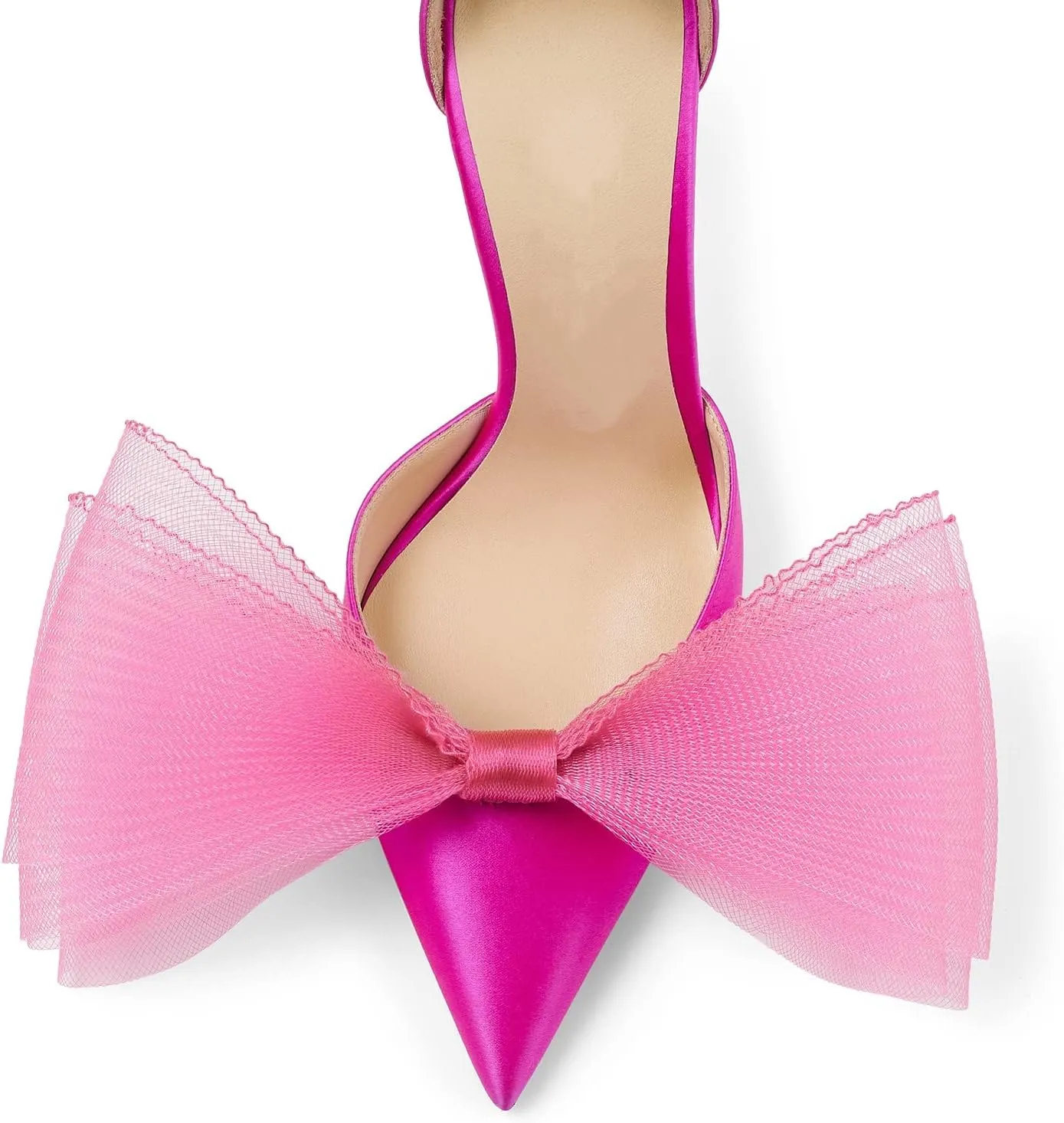 Women Stiletto High Heels Pumps with Asymmetric Grosgrain Mesh Bows Lace Ankle Strap Buckle Closed Pointed Toe Sexy Wedding Shoes Party Dressy Sandals 3.14 in
