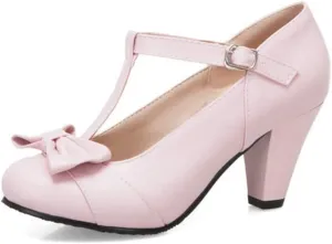 Women T-Strap Mary Jane Pumps Chunky Kitten High Heel Bowknot Comfort Buckle Round Toe Dress Shoes