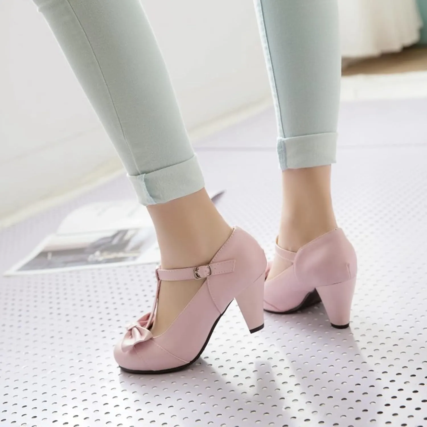 Women T-Strap Mary Jane Pumps Chunky Kitten High Heel Bowknot Comfort Buckle Round Toe Dress Shoes