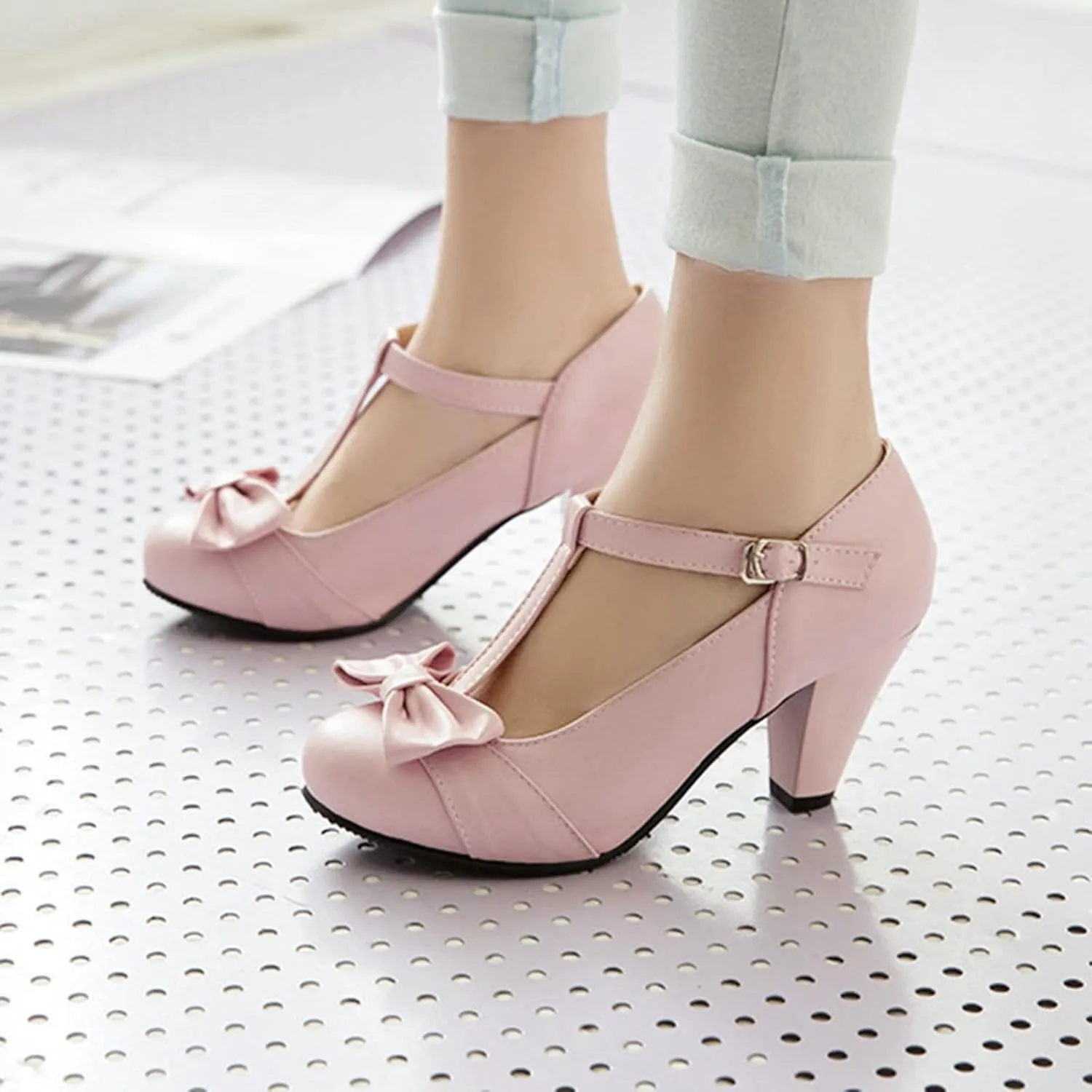 Women T-Strap Mary Jane Pumps Chunky Kitten High Heel Bowknot Comfort Buckle Round Toe Dress Shoes