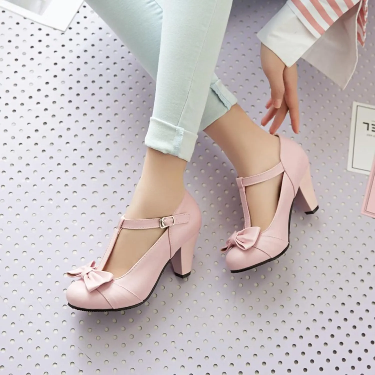 Women T-Strap Mary Jane Pumps Chunky Kitten High Heel Bowknot Comfort Buckle Round Toe Dress Shoes