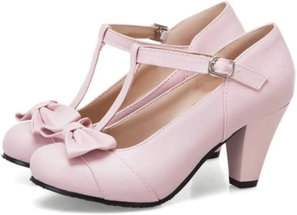 Women T-Strap Mary Jane Pumps Chunky Kitten High Heel Bowknot Comfort Buckle Round Toe Dress Shoes
