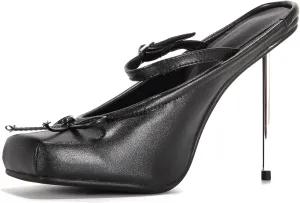 Women Vegan Leather Square Toe Mule Sandals Bowknot Slingback Slip On Buckle Stiletto High Heel Pump Shoes