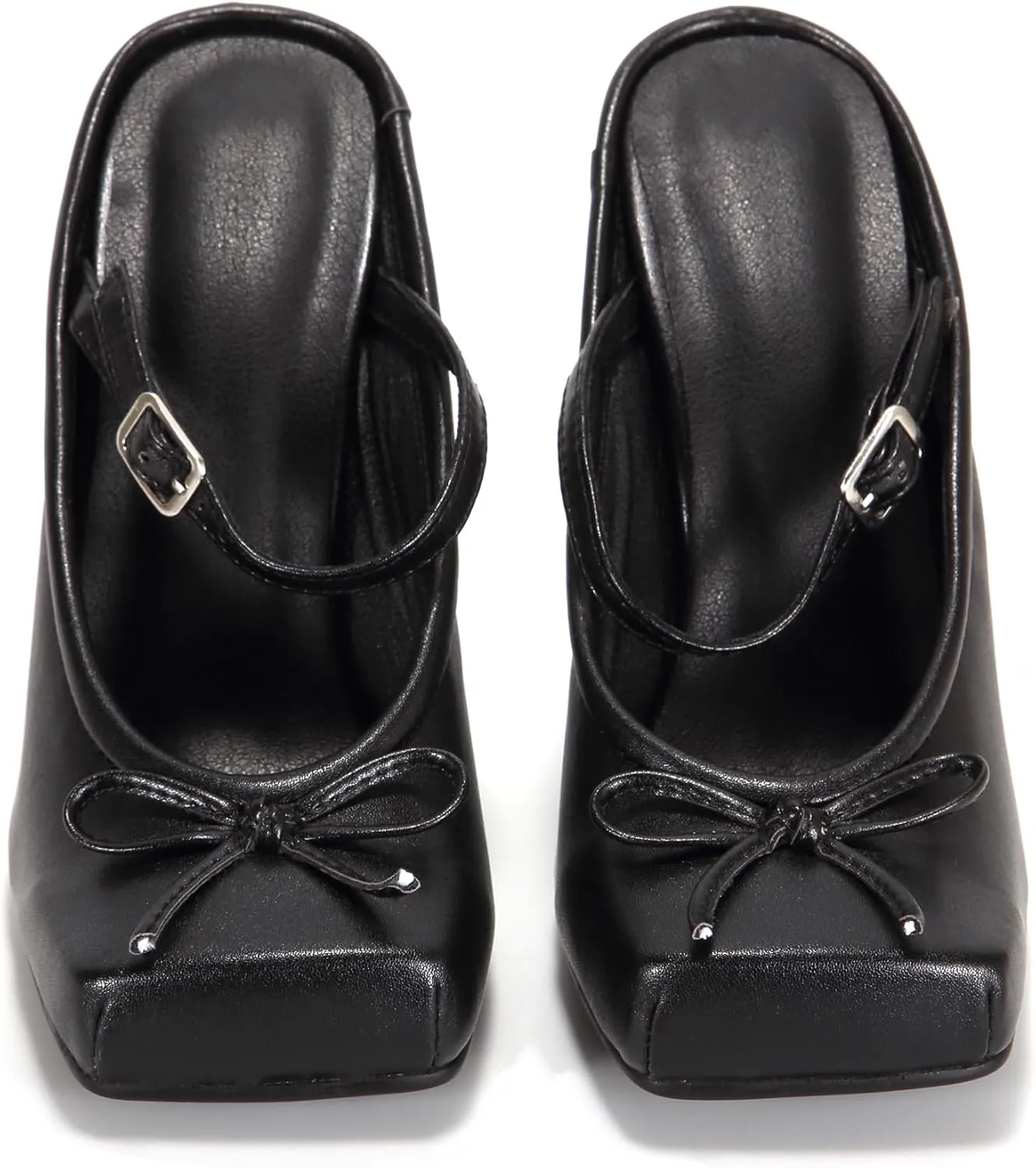 Women Vegan Leather Square Toe Mule Sandals Bowknot Slingback Slip On Buckle Stiletto High Heel Pump Shoes