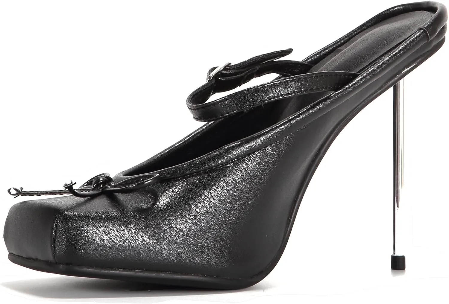 Women Vegan Leather Square Toe Mule Sandals Bowknot Slingback Slip On Buckle Stiletto High Heel Pump Shoes