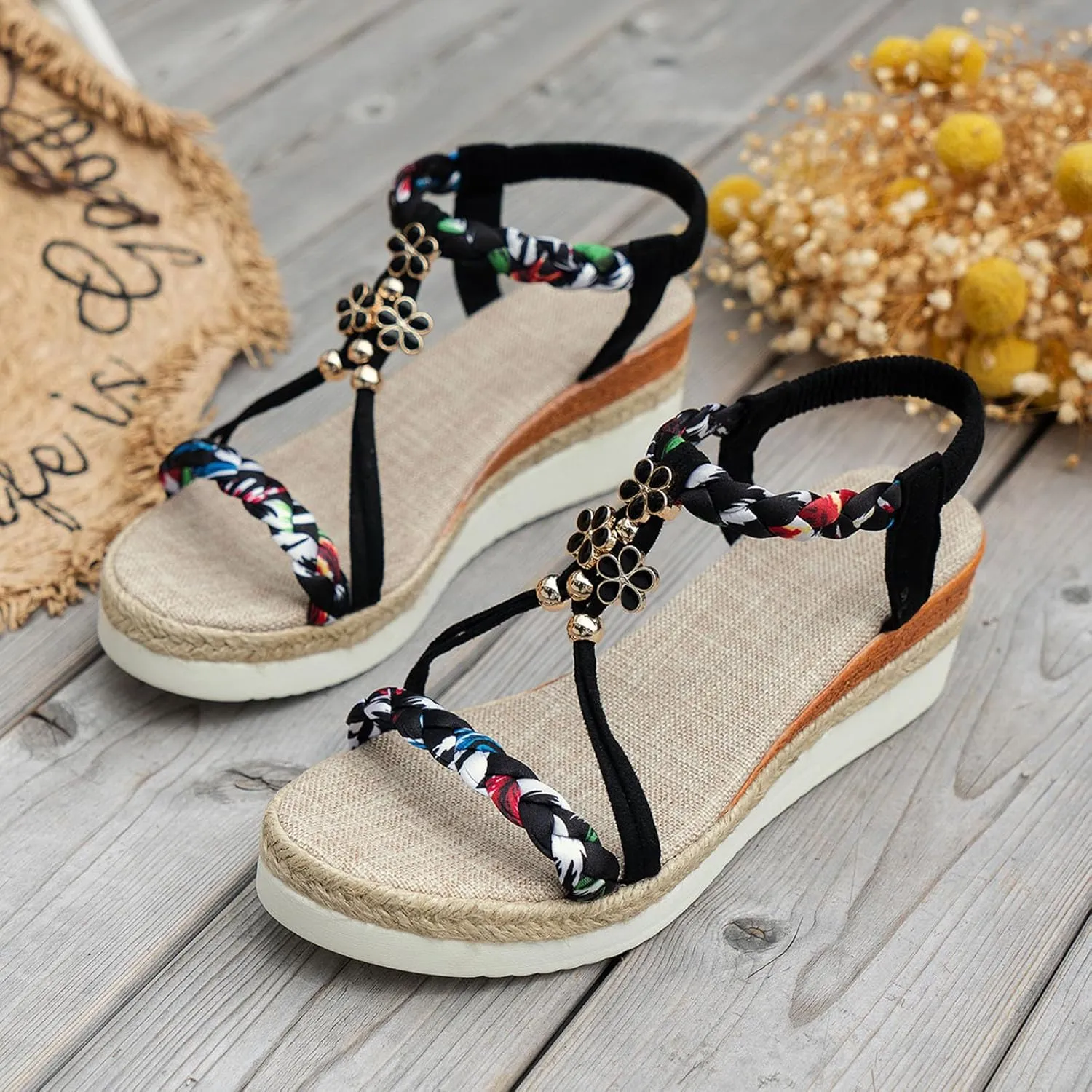 Women's Bohemian Summer Sandals Rhinestone Beaded Flat Casual Beach Shoes Comfortable Elastic Slip On Ankle Strap