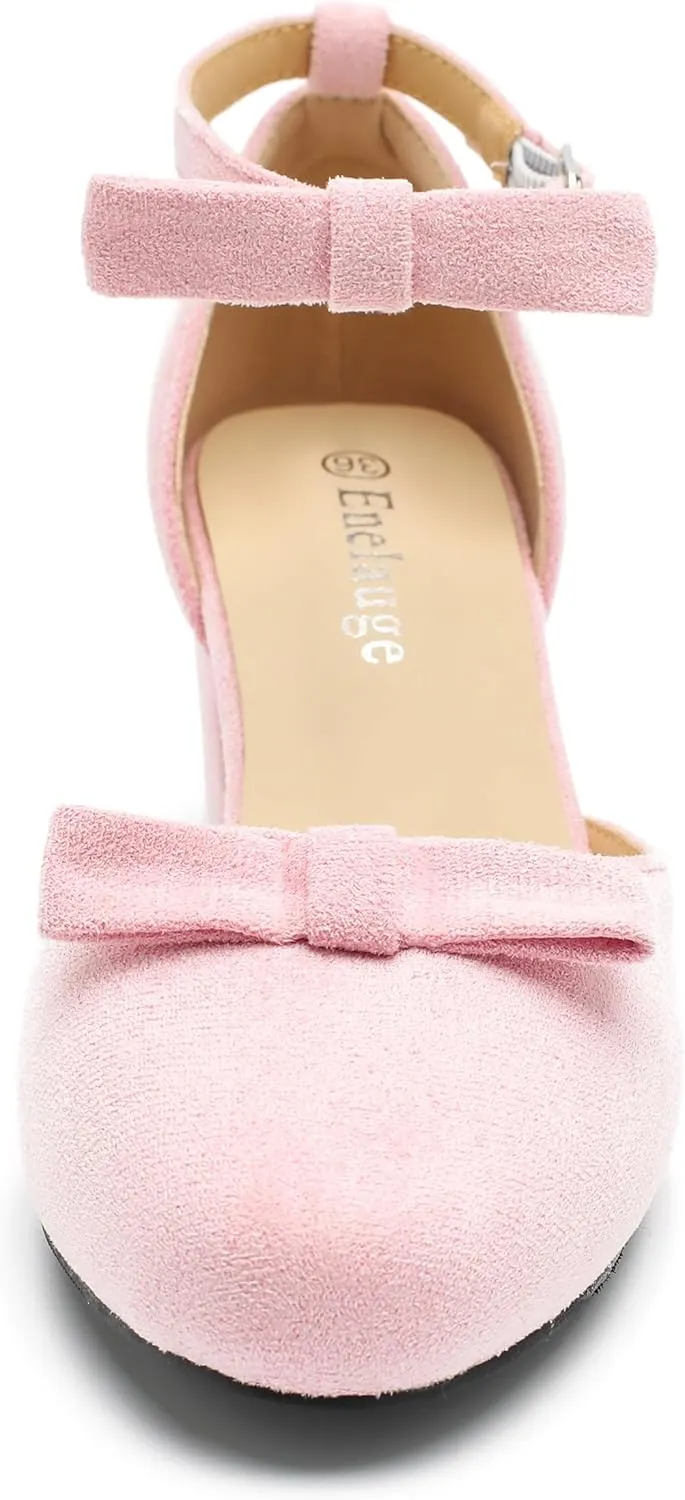 Women's Bow Closed Round Toe Ankle Strap Pumps D'Orsay Low Block Chunky Heels Elegant Wedding Bridal Party Dress Shoes
