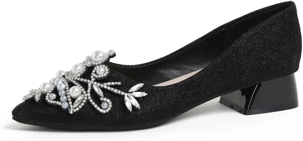 Women's Chunky Heel Comfortable Work Shoes Rhinestones Pearl Dress Wedding Pumps for Women - 1.18Inches Height