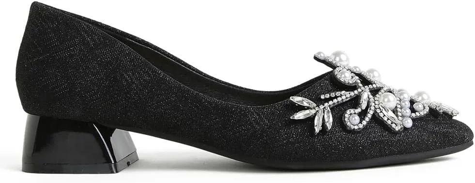 Women's Chunky Heel Comfortable Work Shoes Rhinestones Pearl Dress Wedding Pumps for Women - 1.18Inches Height