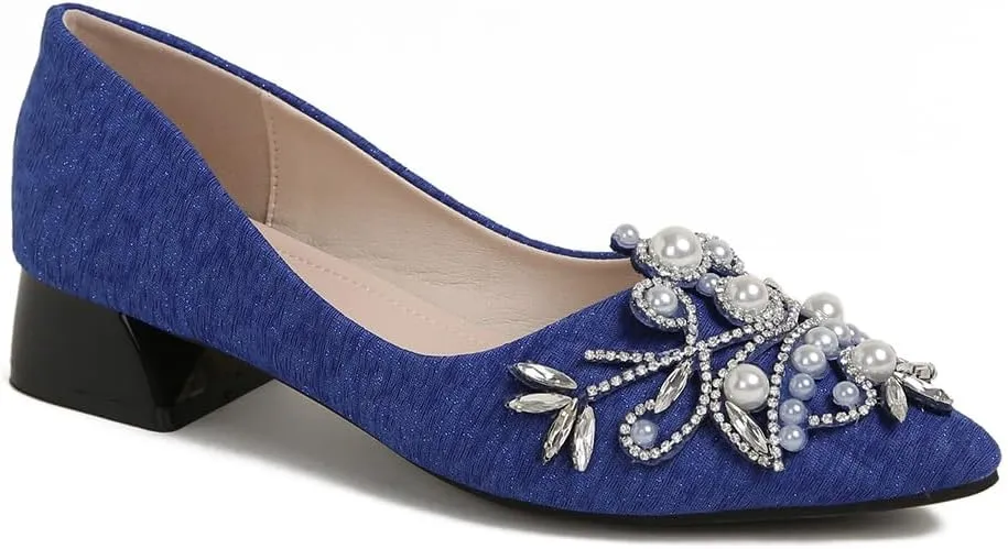 Women's Chunky Heel Comfortable Work Shoes Rhinestones Pearl Dress Wedding Pumps for Women - 1.18Inches Height