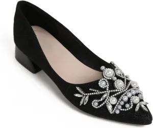 Women's Chunky Heel Comfortable Work Shoes Rhinestones Pearl Dress Wedding Pumps for Women - 1.18Inches Height