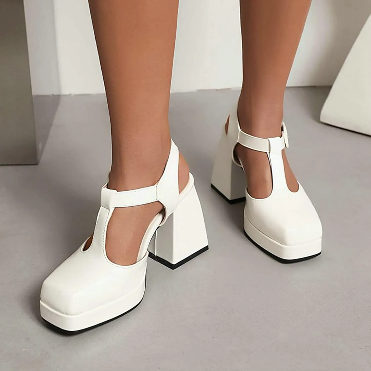 Womens Chunky High Platform Heel Mary Jane Shoes Closed Square Toe Sandals Slingback Dress Pumps