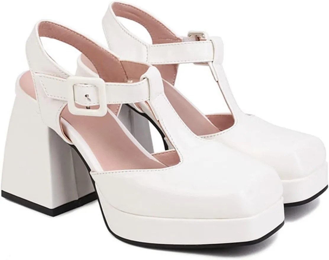 Womens Chunky High Platform Heel Mary Jane Shoes Closed Square Toe Sandals Slingback Dress Pumps