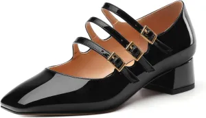 Womens Closed Square Toe Low Chunky Heels for Women Ladies Patent Leather Three Strap Mary Jane Pumps Wedding Party Office Dress Shoes