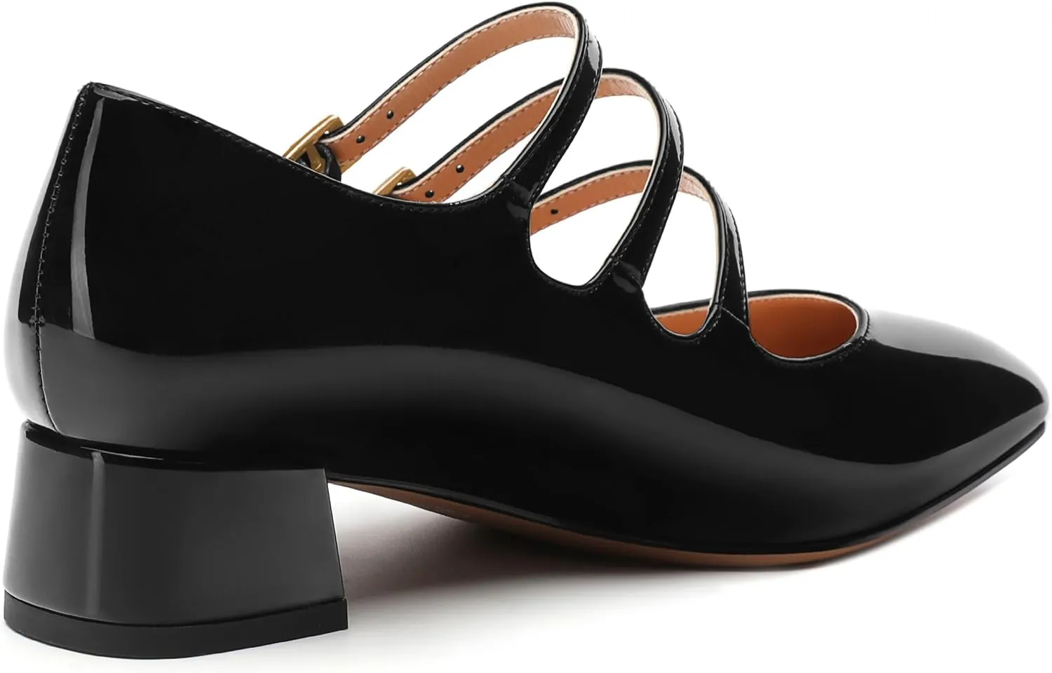 Womens Closed Square Toe Low Chunky Heels for Women Ladies Patent Leather Three Strap Mary Jane Pumps Wedding Party Office Dress Shoes