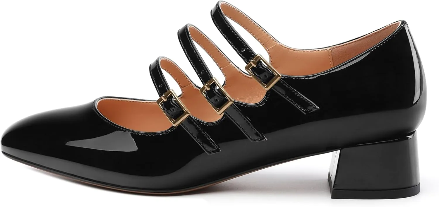 Womens Closed Square Toe Low Chunky Heels for Women Ladies Patent Leather Three Strap Mary Jane Pumps Wedding Party Office Dress Shoes