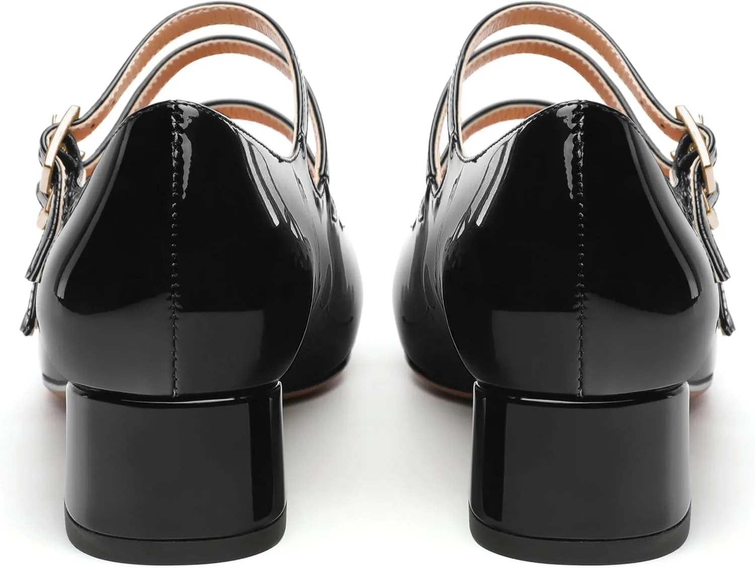 Womens Closed Square Toe Low Chunky Heels for Women Ladies Patent Leather Three Strap Mary Jane Pumps Wedding Party Office Dress Shoes