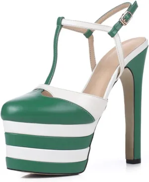 Womens Color Block Platform Heels PU Leather Ankle Strap Buckles Dress Pumps T-Strap Closed Toe Pump Slingback Pole Dance Show Dress Shoes,Green,7