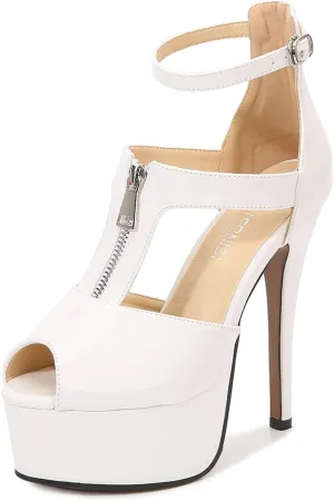Women's Dress Platform High Heels 14Cm Stiletto Heel Ankle Strap Heeled Sandals Open Toe Front Zipper Shoes for Stripper Club Pole Dance
