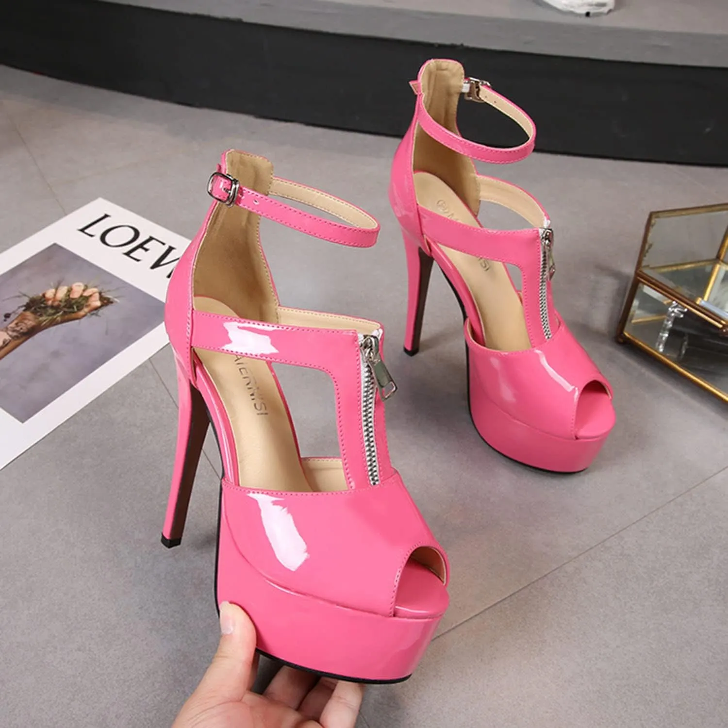 Women's Dress Platform High Heels 14Cm Stiletto Heel Ankle Strap Heeled Sandals Open Toe Front Zipper Shoes for Stripper Club Pole Dance