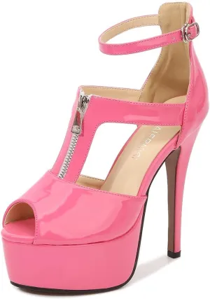 Women's Dress Platform High Heels 14Cm Stiletto Heel Ankle Strap Heeled Sandals Open Toe Front Zipper Shoes for Stripper Club Pole Dance