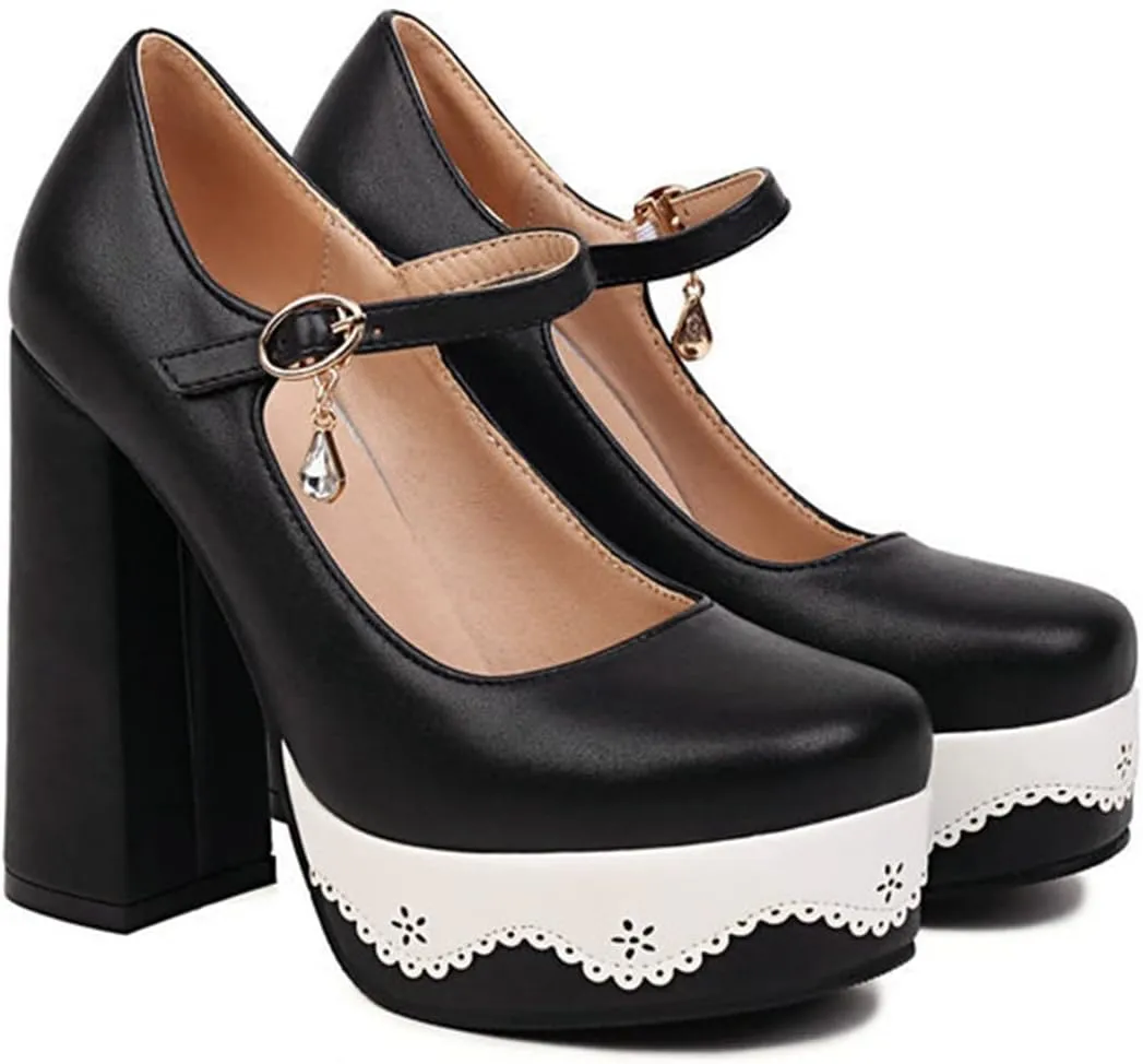Women's Fashion Chunky High Heel Pumps Platform Ankle Strap Square Toe Lolita Party Mary Jane Shoes
