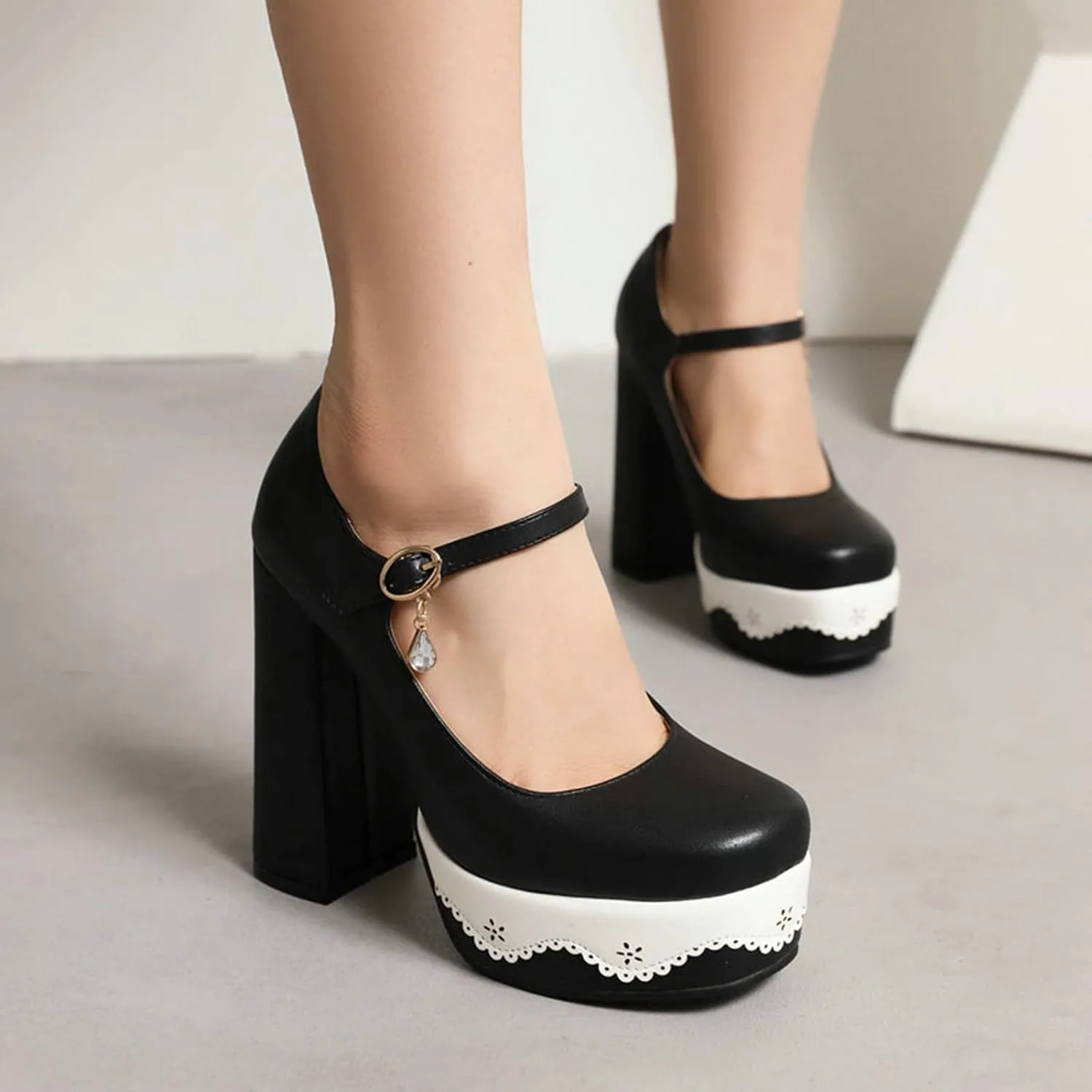 Women's Fashion Chunky High Heel Pumps Platform Ankle Strap Square Toe Lolita Party Mary Jane Shoes