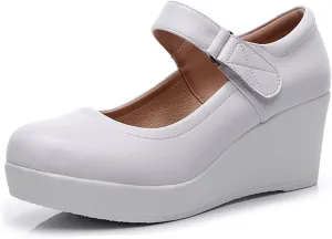 Women's Genuine Leather Platform Wedge Mary Jane Shoes Classic Round to Ankle Strap Height Increase Dress Pumps Daily Business Office Formal Shoes