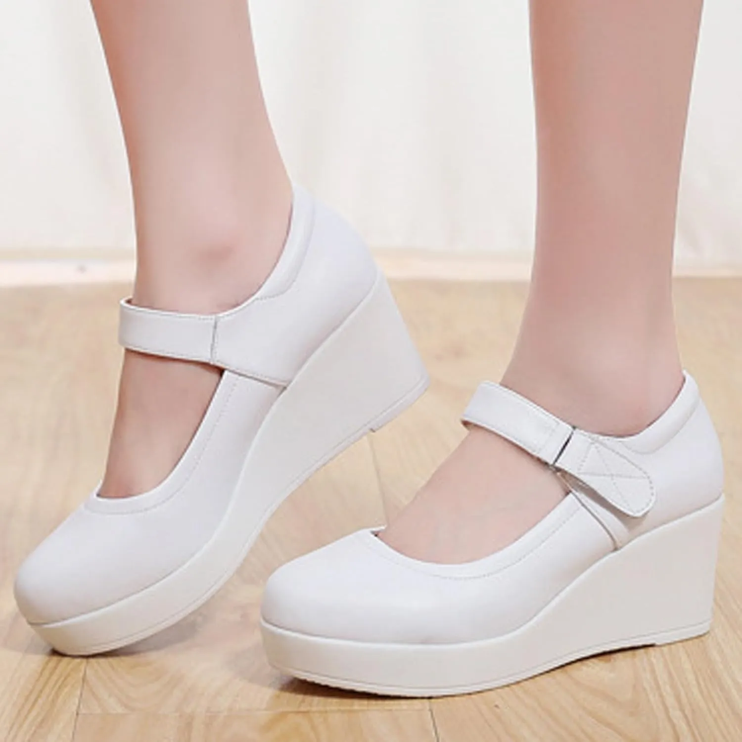 Women's Genuine Leather Platform Wedge Mary Jane Shoes Classic Round to Ankle Strap Height Increase Dress Pumps Daily Business Office Formal Shoes