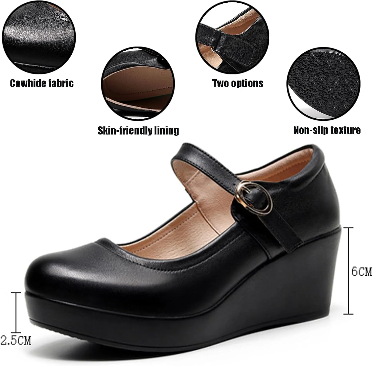 Women's Genuine Leather Platform Wedge Mary Jane Shoes Classic Round to Ankle Strap Height Increase Dress Pumps Daily Business Office Formal Shoes