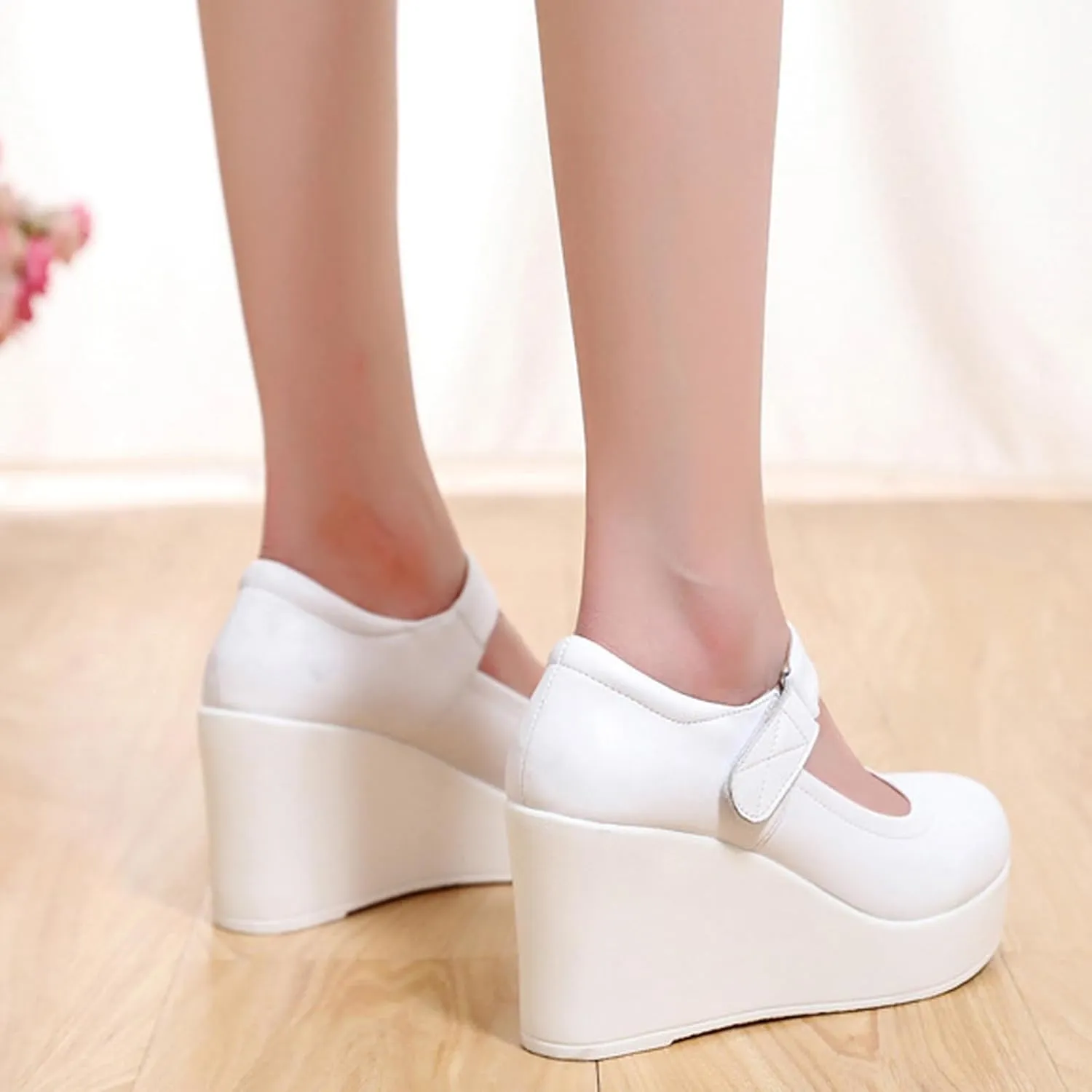 Women's Genuine Leather Platform Wedge Mary Jane Shoes Classic Round to Ankle Strap Height Increase Dress Pumps Daily Business Office Formal Shoes
