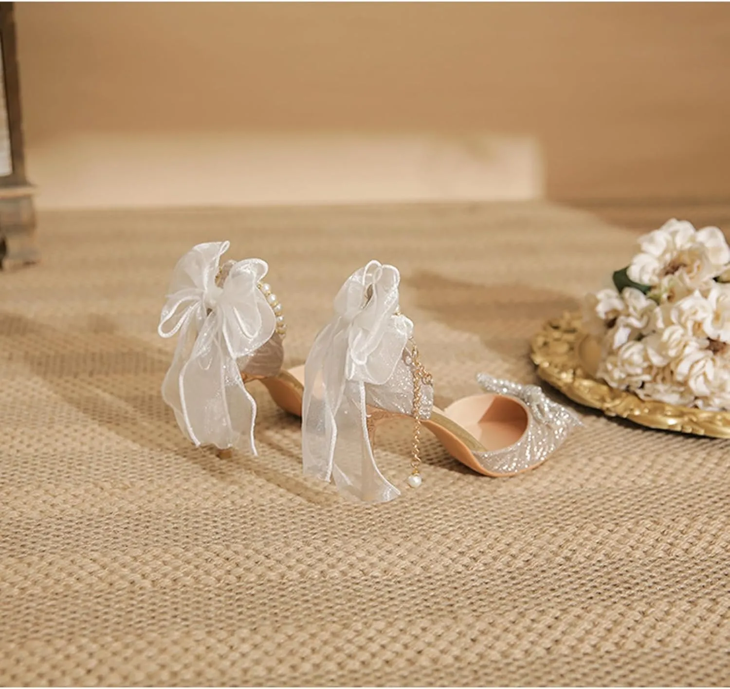 Women's Heels with Bow Sparkly Rhinestone Pumps Closed Pointed Toe Pearl Ankle Strap Wedding Dress Shoes Strappy Heels for Women