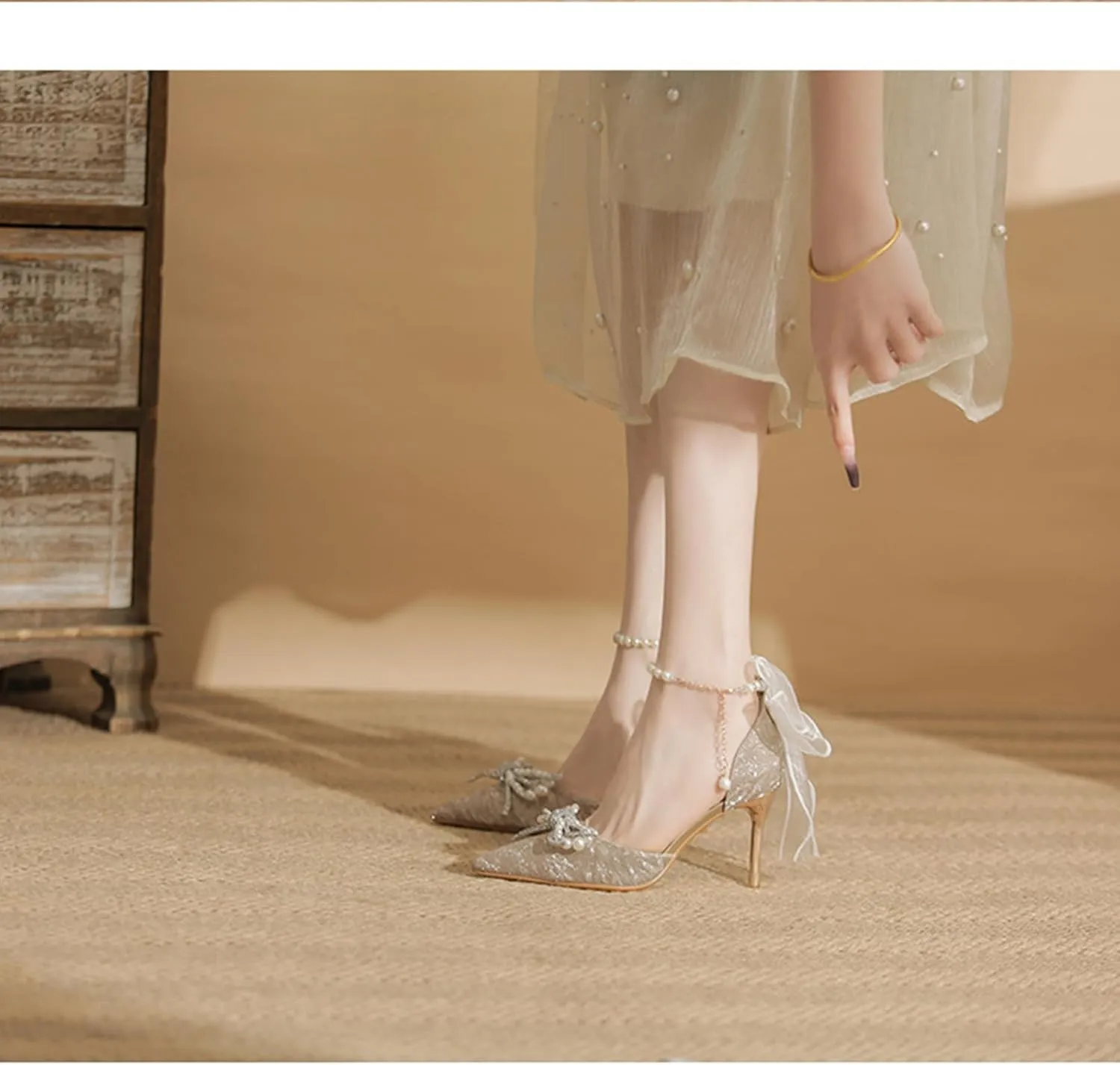 Women's Heels with Bow Sparkly Rhinestone Pumps Closed Pointed Toe Pearl Ankle Strap Wedding Dress Shoes Strappy Heels for Women